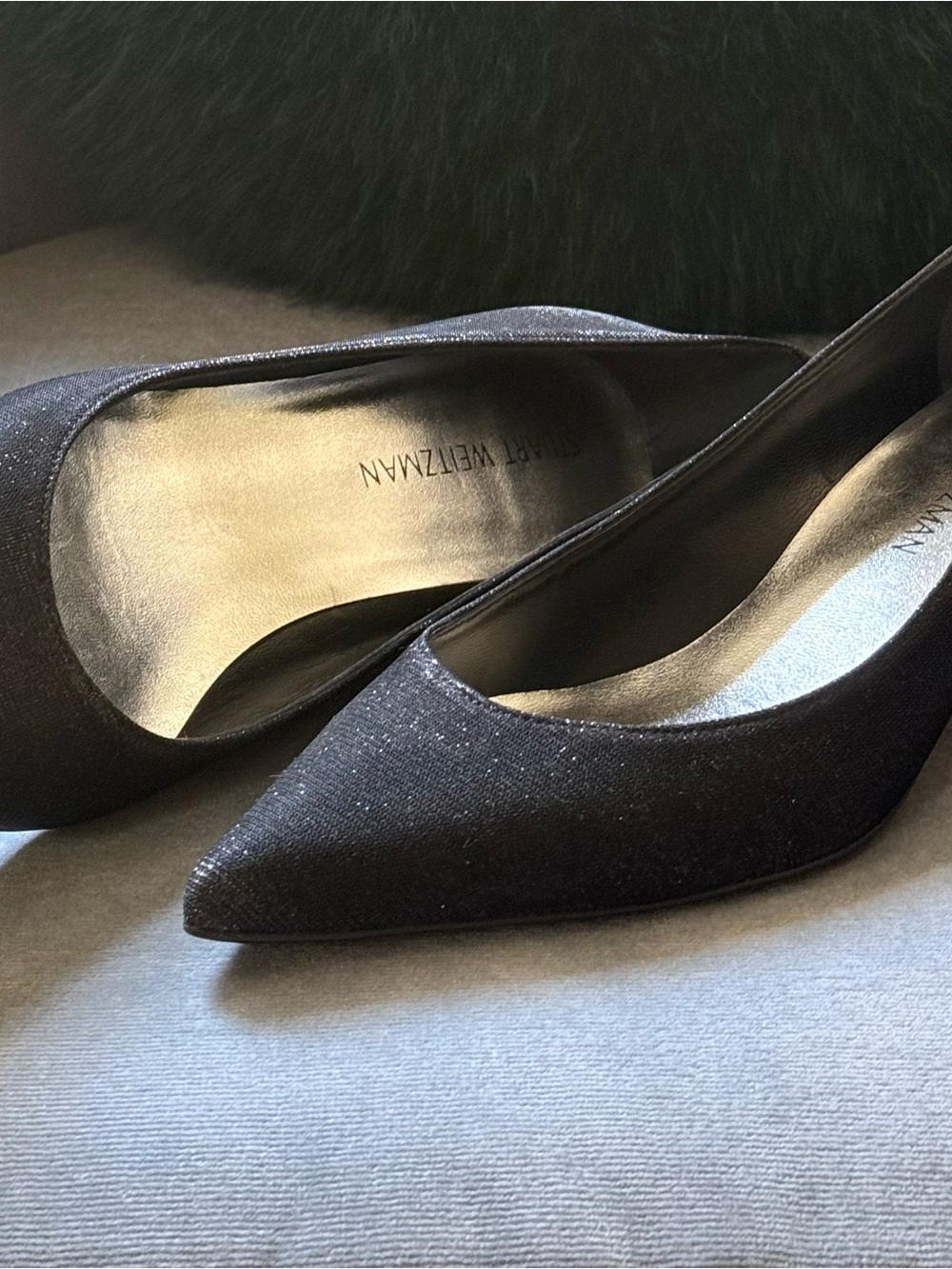 Stuart Weitzman Black Pointed Toe Pumps with Subtle Sparkle